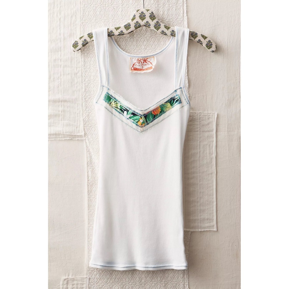 Vintage Free People Womens Zig Zag Ribbed Tank Tropical Trim White L Y2K Boho